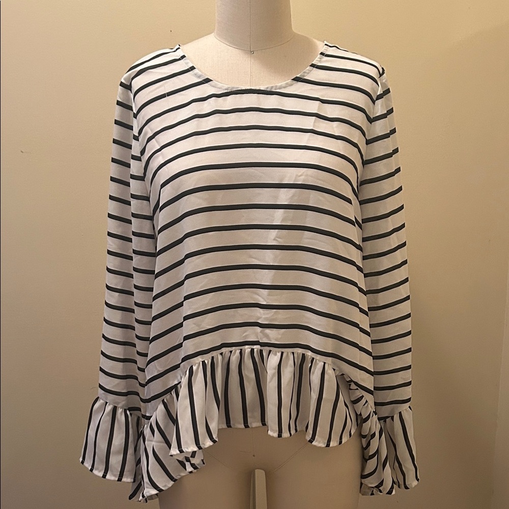 a.n.a Black and White Striped Ruffle Blouse